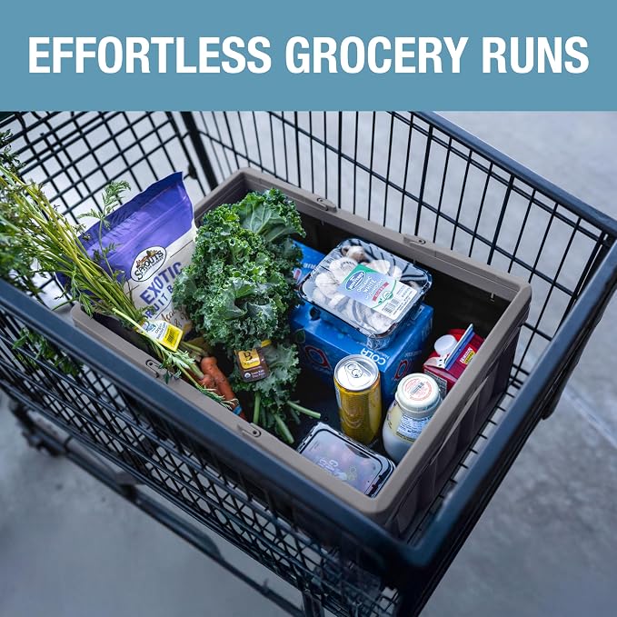 CleverMade Collapsible Shopping Basket 32L – Folding Grocery Basket with Handles, Stackable Reusable Storage Crate with 35 lb Capacity, Recycled Plastic, Car Trunk Organizer - Stone Gray