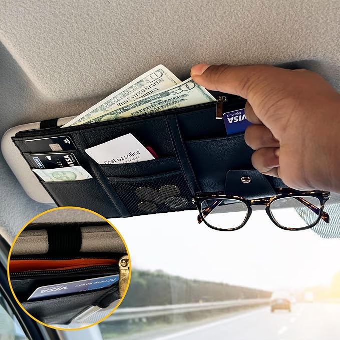 EcoNour Car Sun Visor Organizer (Black) | Multi-Pocket Net Zipper Case for Cash, Card, Pen & Sunglass | Visor Organizer Storage Pouch | Interior Accessories with Pocket for Car & Truck | Small