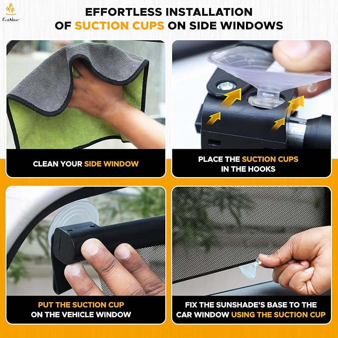 EcoNour Car Window Shades for Baby (2 Pack) | Retractable Shade for Car Side Window | Window Sun Shades with Suction Cups | Large Clips for Durability | Baby Travel Accessories (14" x 18")