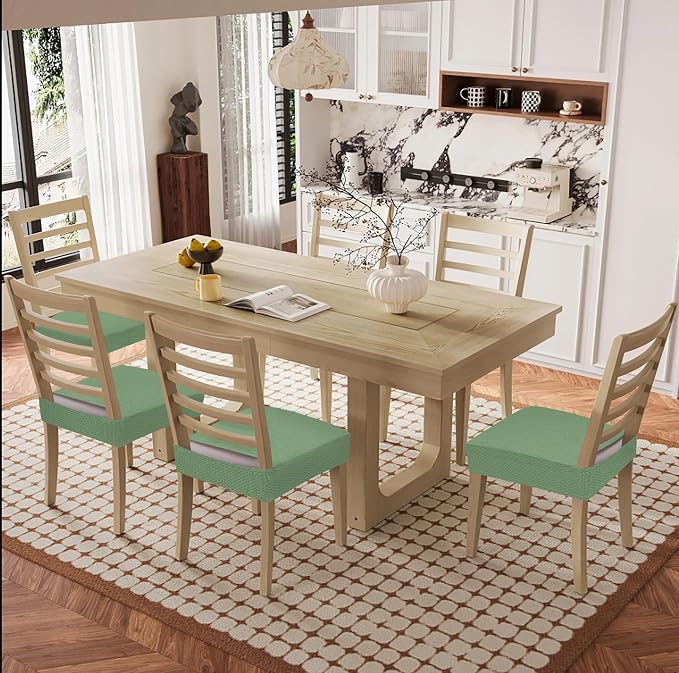Smiry Waterproof Seat Covers for Dining Room Chairs Set of 8, Stretch Jacquard Removable Washable Chair Seat Slipcovers Protector, No Rear Covers, Green