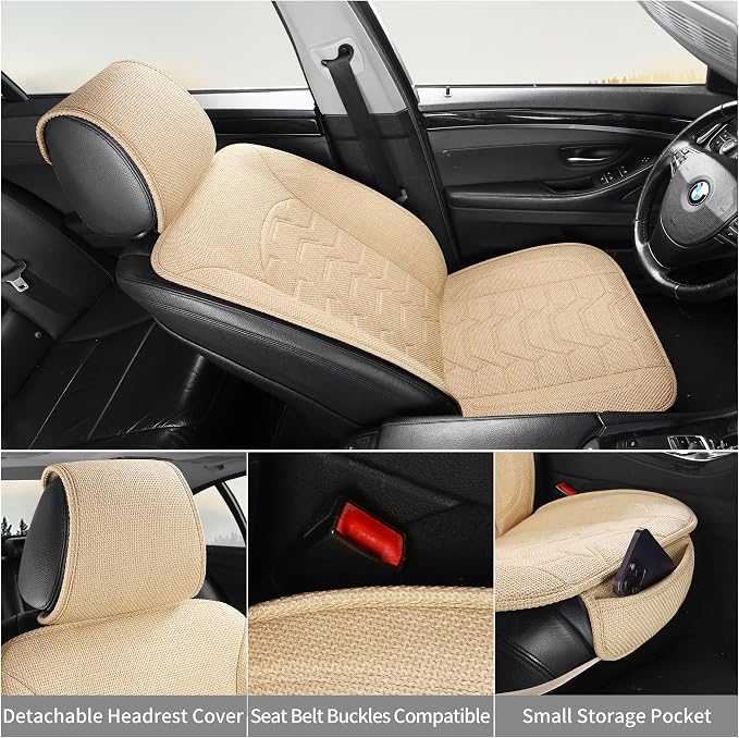 Linen car Seat Covers Breathable Cloth Fabric Seat Protector Front seat Covers Universal Fit for 95% Automotive, Car, Van, SUV, Trucks((Beige,2PCS)
