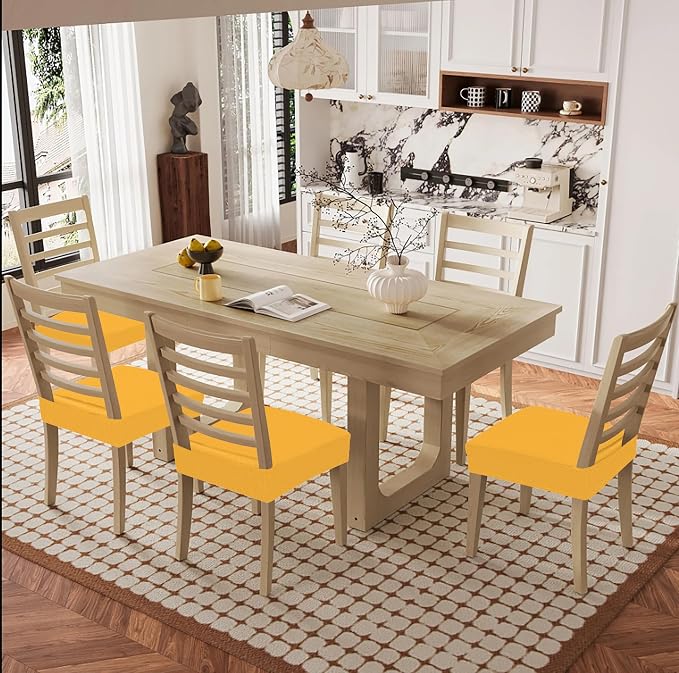 Smiry Waterproof Seat Covers for Dining Room Chairs Set of 8, Stretch Jacquard Removable Washable Chair Seat Slipcovers Protector, No Rear Covers, Mustard Yellow