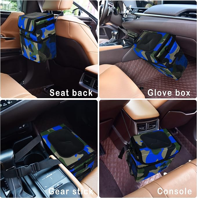 SIBOFUEGO Cute Car Trash Can with Lid β Multipurpose Collapsible Trash Bin for Car, Leak-Proof Organizer, Waterproof Garbage Can with Storage Pockets & Adjustable Straps, 2 Gallons (Camo Blue)