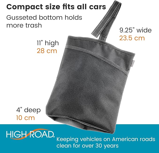 High Road Small Trash Can for Car and Auto Trash Bag for Car Front Seat | Hanging Car Trash Bag With Magnetic Closure and Front Storage Pocket - Holds a Gallon of Wet or Dry Car Garbage