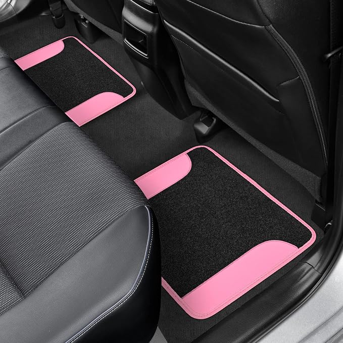 BDK Carpet Floor Mats for Cars, Two-Tone Carpet Car Mat with Faux Leather Accents, Automotive Floor Mat Sets with Built-in Heel Pad, Stylish Interior Car Accessories Pink