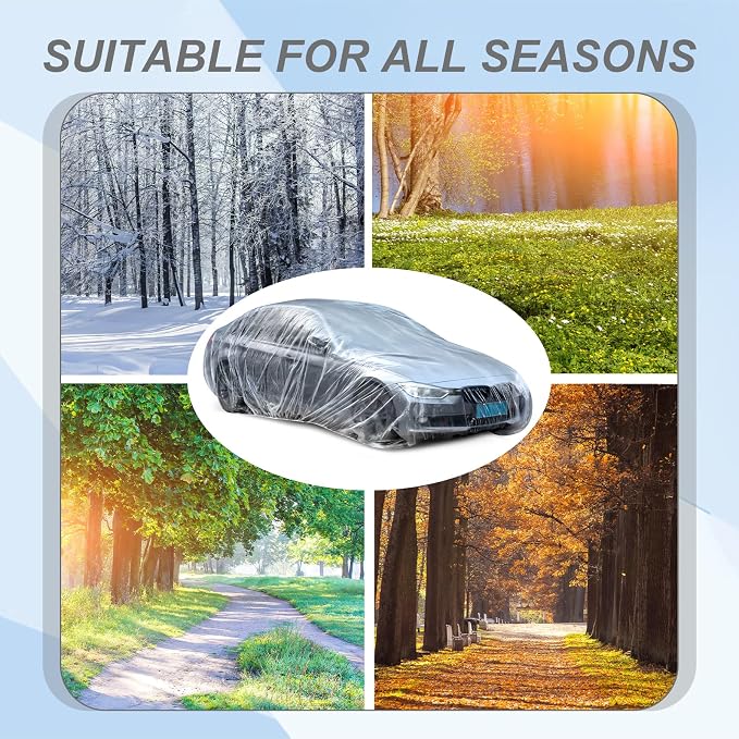 BBTO 30 Pack Universal Plastic Car Cover with Elastic Band Disposable Clear Car Covers Bulk 12.5 x 21.6 ft Waterproof Dustproof Full Exterior Protector for Sedan Outdoor Snow Rain Weather