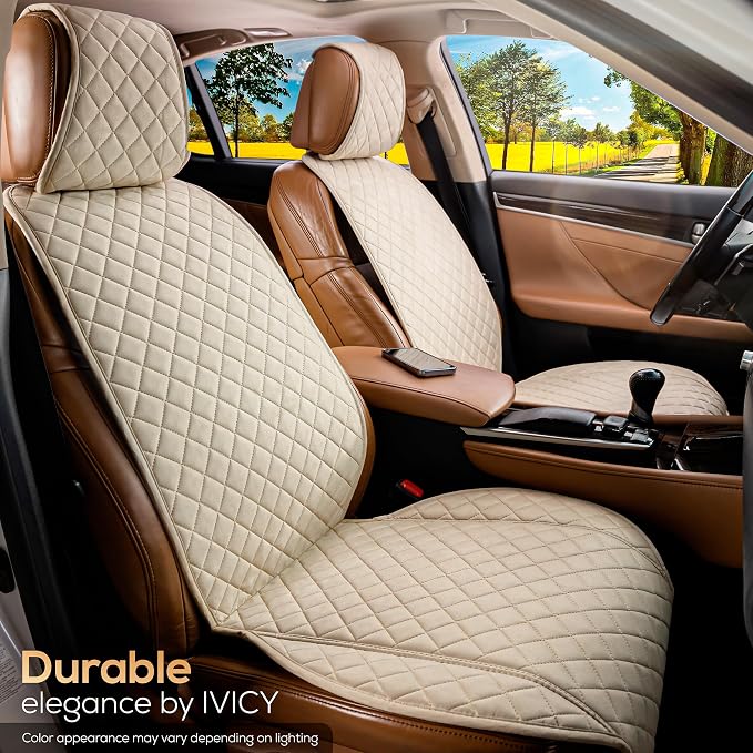 IVICY Faux Suede Front Car Seat Cover – Non-Slip Bucket Seat Protector for Most Cars, SUVs, Vans & Trucks – 1 Seat Cover, Machine Washable, Side-Airbag Friendly, Light Beige