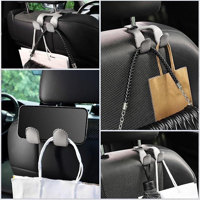 LivTee Upgraded Superior Leather Car Seat Back Headrest Hook, 2 in 1 Auto Seat Hook Hangers Holder Organization Interior Accessories for Purses Coats Umbrellas Grocery Bags Handbag (Gray)