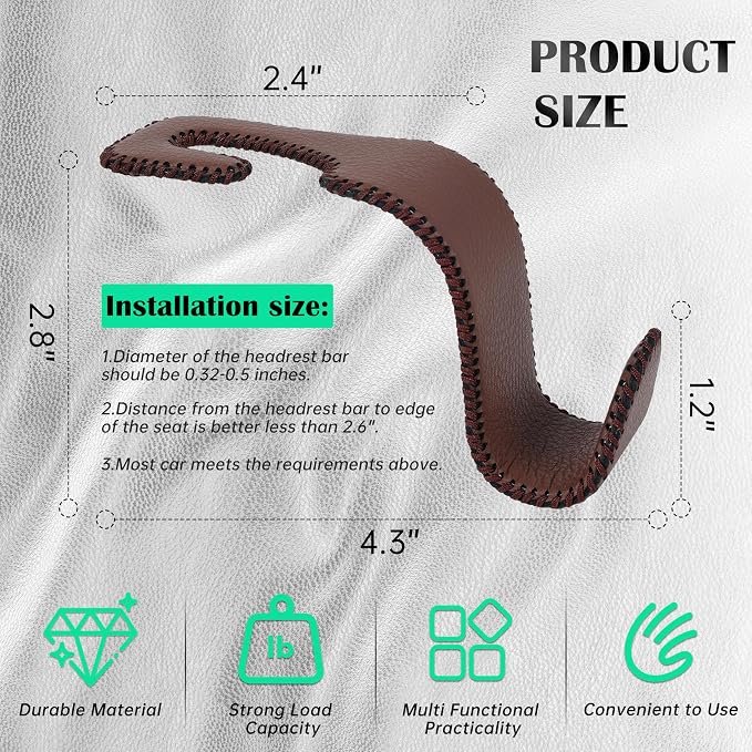 Amooca Car Seat Headrest Hook Universal Vehicle Storage Hanger Leather with Metal Car Seat Back Organizer for Handbag Purse Coat Brown 2 Pack