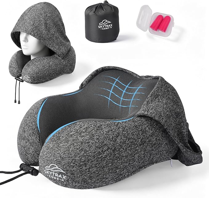 SkytraxComf® Travel Neck Pillow with Hood for Privacy on Long Flights | Memory Foam | Airplane Sleep | Safety-Tested Materials | Extra Large Hood | Chin Support | Earplugs | Washable Cover