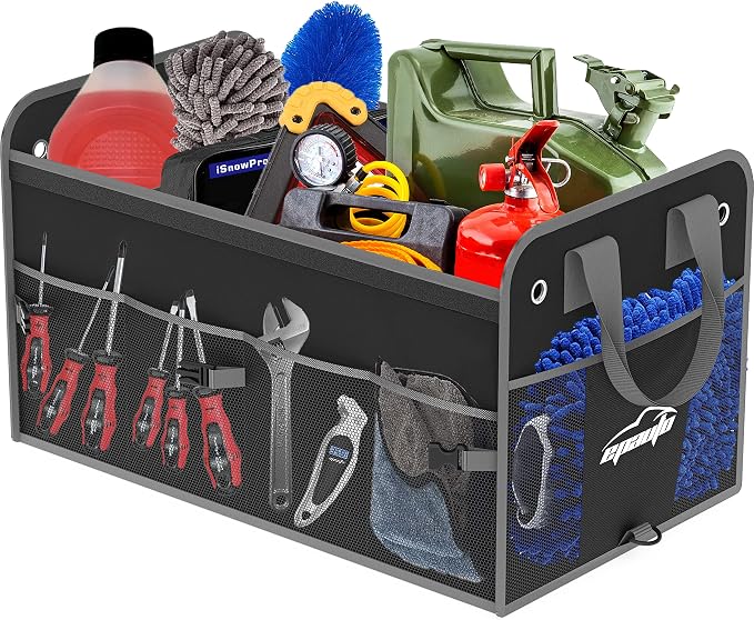 EPAuto Car Trunk Organizer with Lid & Adjustable Multi Compartment for SUV | with Side Pockets and Securing Straps, Foldable