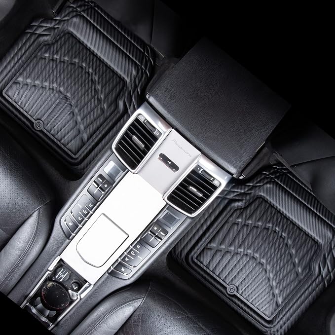 CAR PASS Carbon Fiber Leather Car Floor Mats -3D Waterproof All Weather, Universal Trim to Fit & Anti-Slip Burr Bottom Safety & Light Easy Clean Install for SUV Truck Auto Sedan Van(Black)