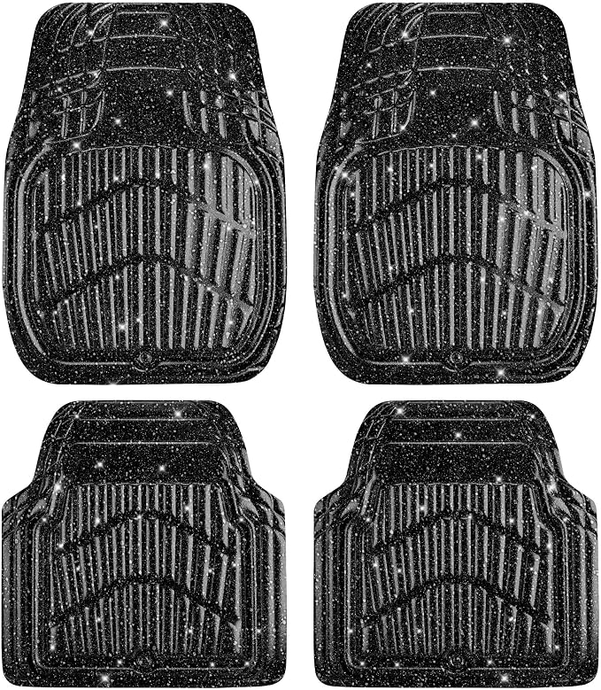 CAR PASS Shining Glitter Car Floor Mats 3D Leather Waterproof All Weather, Universal Trim to Fit & Anti-Slip, Safety & Light Easy Clean Install Fit for SUV,Truck,Auto,Sedan,Van 4 Piece (Black Glitter)