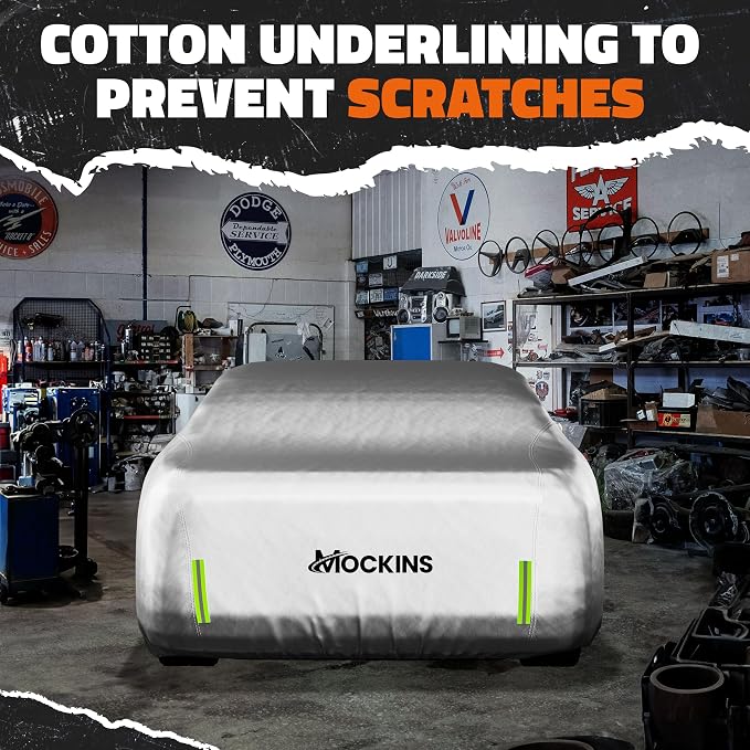 Mockins 185"x70"x60" Small Sedan Car Cover for Snow Frost UV & Light Rain | All Weather 190T Polyester Outdoor & Indoor Car Covers for Automobiles | Water-Resistant Full Exterior Covers with Strap
