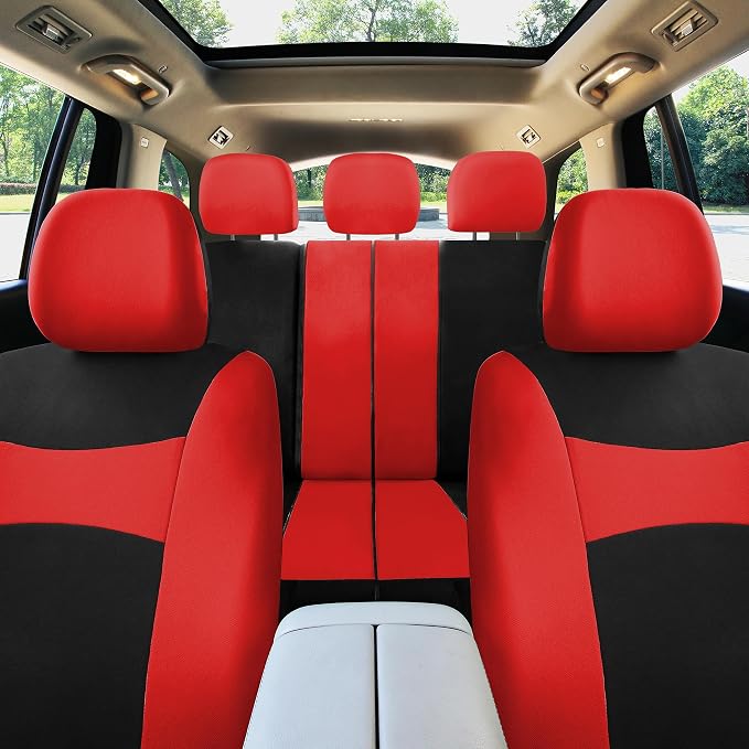 FH Group Universal Car Seat Covers Full Set for SUV Truck Sedan Vans | Waterproof All-Purpose Cloth Seat Cover Set Airbag Compatible Washable Split Bench Protector Interior Upgrade - Red