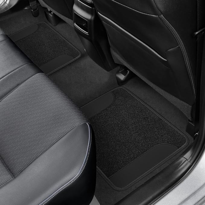 BDK Carpet Floor Mats for Cars, Two-Tone Carpet Car Mat with Faux Leather Accents, Automotive Floor Mat Sets with Built-in Heel Pad, Stylish Interior Car Accessories Black