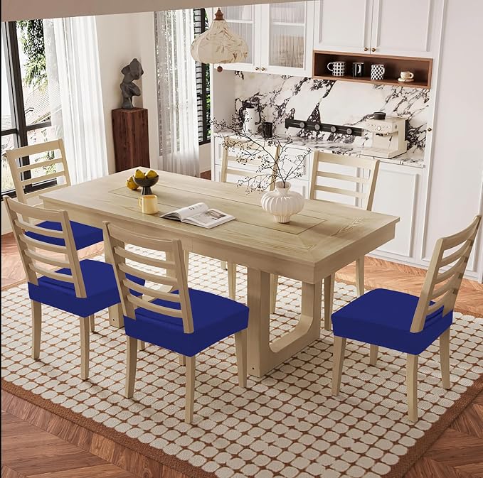 Smiry Waterproof Seat Covers for Dining Room Chairs Set of 2, Stretch Jacquard Removable Washable Chair Seat Slipcovers Protector, No Rear Covers, Royal Blue