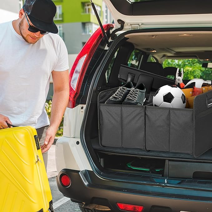 Simple Deluxe Car Trunk Organizer, 2 Compartments Collapsible Trunk Storage, Anti-slip Design, Made of Waterproof 600D Oxford Polyester, Suitable for SUV, Minivan, Truck, Standard Size, Black New