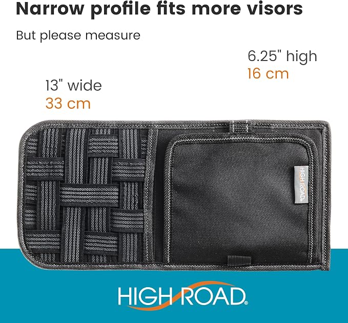 Visor Organizer with Mirror and Hidden Registration and Insurance Pocket | High Road Car and Truck Visor Organizer with Covered Mirror, Document Pockets and Grip Band Storage Panel