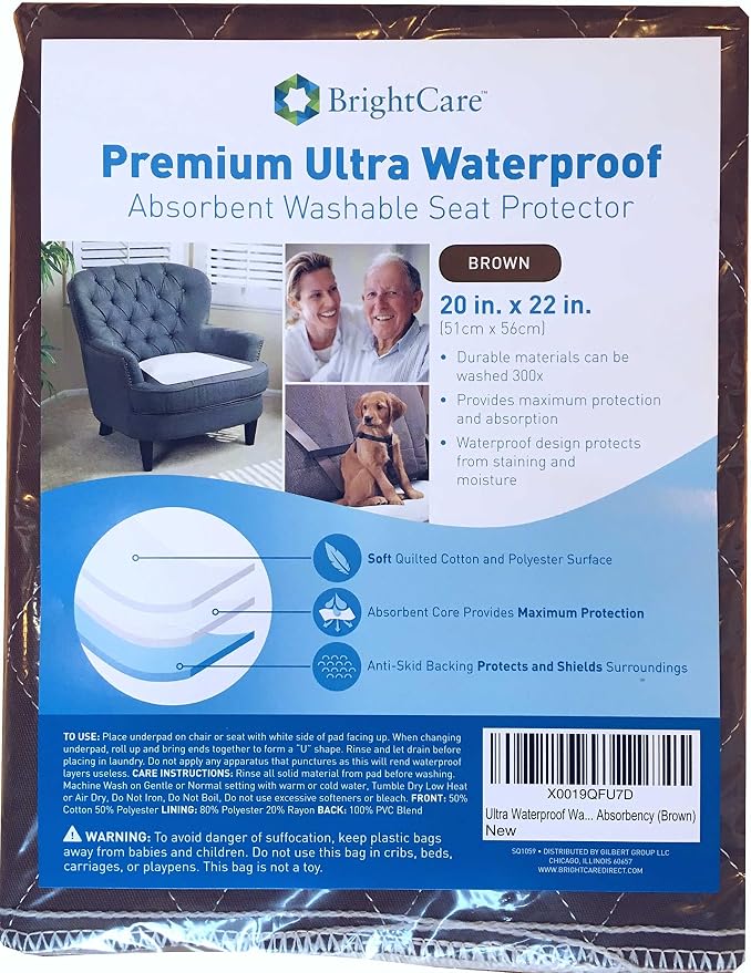 Waterproof Seat Pad, 20 x 22 Inch, Brown | Washable, For Incontinence, Triple Layer Chair Cover Protector, 24 Ounce Absorbency, Seniors, Adult, Children, or Pet