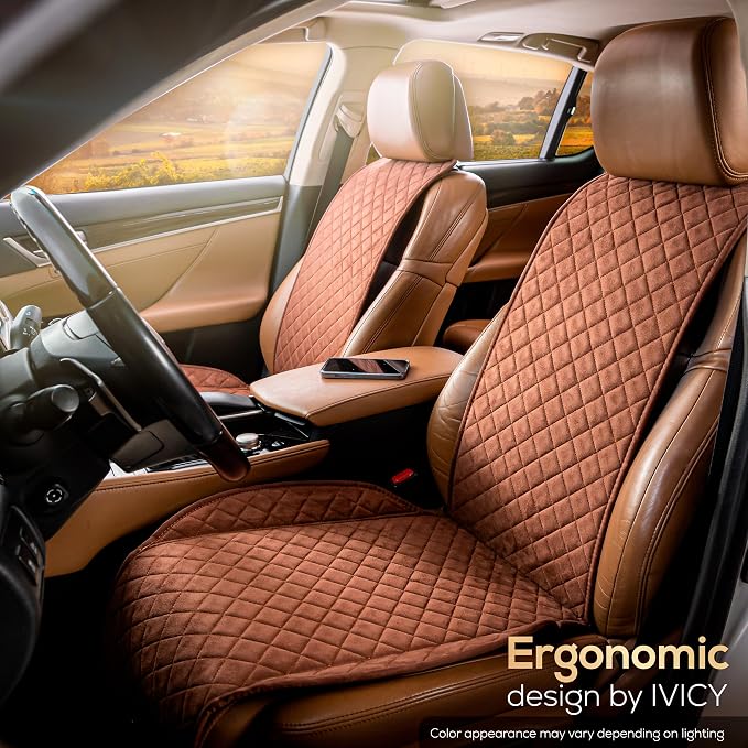 IVICY Faux Suede Front Car Seat Cover – Non-Slip Bucket Seat Protector for Most Cars, SUVs, Vans & Trucks – 1 Seat Cover, Machine Washable, Side-Airbag Friendly, Brown