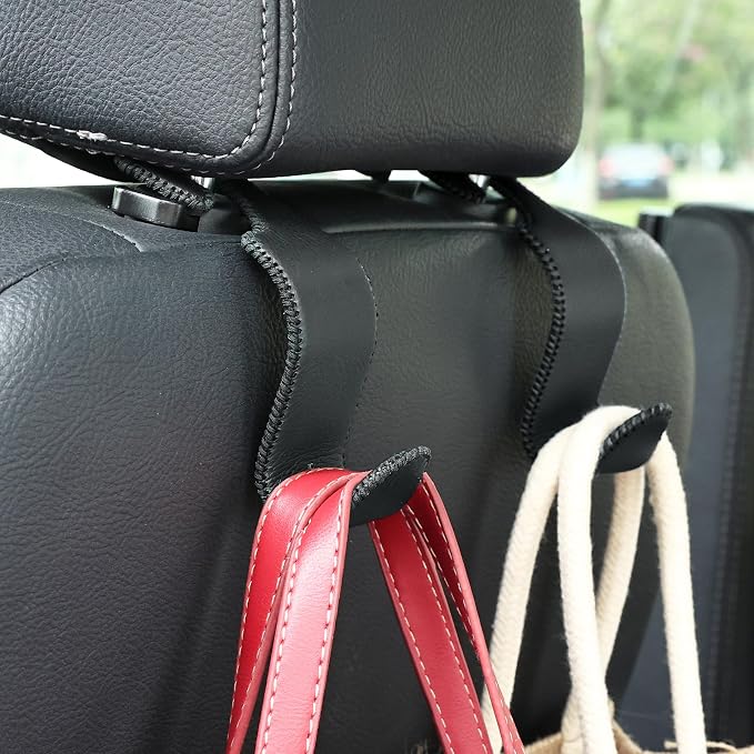Amooca Car Seat Headrest Hook Universal Vehicle Storage Hanger Leather with Metal Car Seat Back Organizer for Handbag Purse Coat Black 2 Pack
