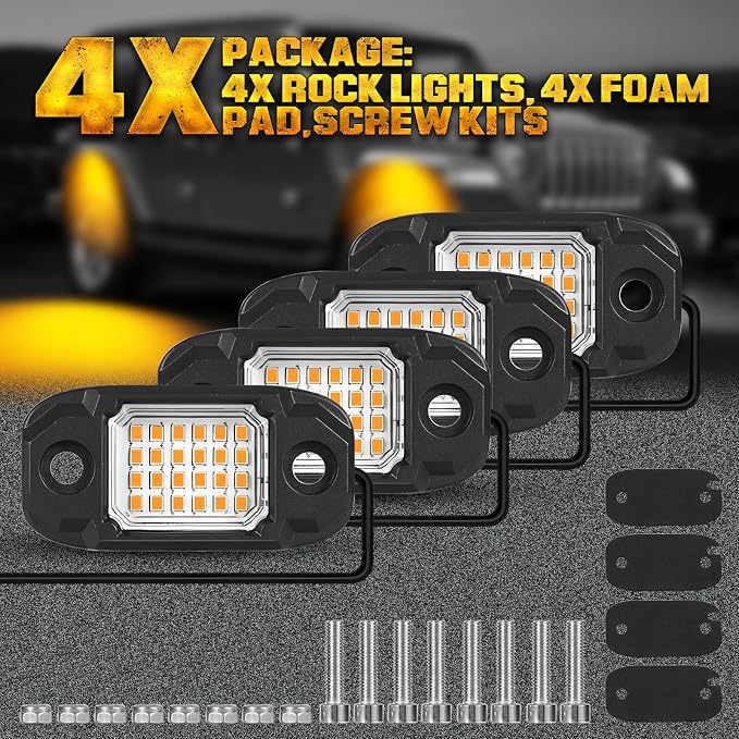 4 Pods Yellow Rock Lights Underglow Light for Cars Trucks Trail Rig Lamp | 24 LED chips for each light, waterproof bottom chassis lights