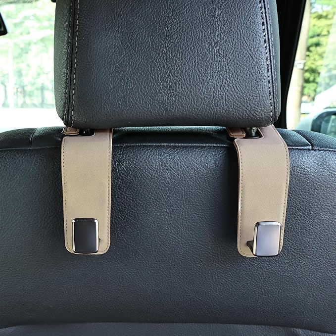 Car Seat Back Hook Metal with Suede Universal Vehicle Headrest Hangers Interior Storage Organizer for Purse Handbag Coat Grocery Bags 2 Pack Beige