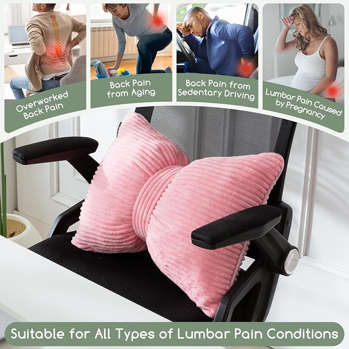 HIGOGOGO Lumbar Support Pillow for Recliner Chair, Bow Knot Shaped Back Support Cushion, Striped Corduroy Soft Decorative Lumbar Pillow for Office Chair, Sofa, Car, Bed, Living Room - Pink