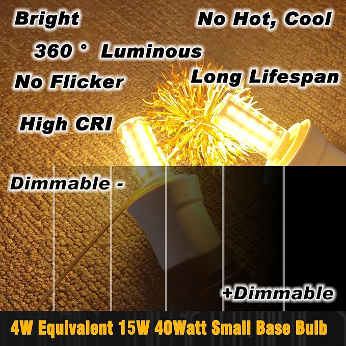 Dimmable E12 LED Bulb Himalayan Salt Lamp 4W Equivalent 15W 40W 2700K,4Pack | AC120V, 400lm, S6 C7 Candelabra Base, for Night Light Chandeliers Christmas Light Candle Lamp Dryer Bulbs, Warm White