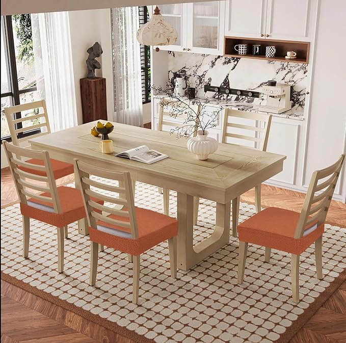 Smiry Waterproof Seat Covers for Dining Room Chairs Set of 8, Stretch Jacquard Removable Washable Chair Seat Slipcovers Protector, No Rear Covers, Rust