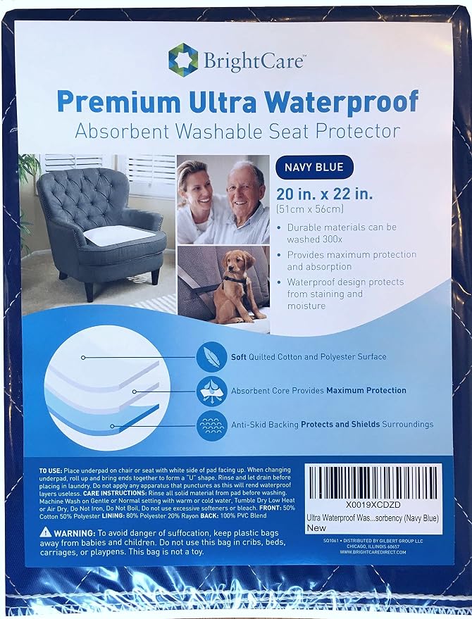 Waterproof Seat Pad, 20 x 22 Inch, Navy Blue | Washable, For Incontinence, Triple Layer Chair Cover Protector, 24 Ounce Absorbency, Seniors, Adult, Children, or Pet