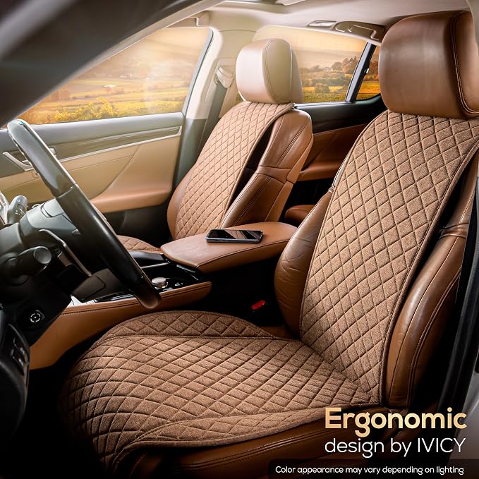 IVICY Faux Linen Front Car Seat Cover – Non-Slip Bucket Seat Protector for Most Cars, SUVs, Vans & Trucks – 1 Seat Cover, Machine Washable, Side-Airbag Friendly, Light Brown