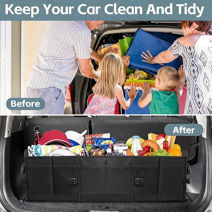 Car Trunk Organizer,Heavy Duty Collapsible 95 L Capacity Car Trunk Storage Organizer,Multi-Compartment Pockets, Adjustable Straps - Ideal for Travel, Camping, Shopping,Perfect for SUV, Truck, Sedan