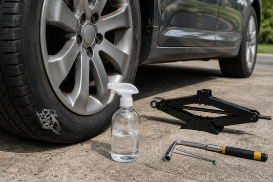 Car tire being checked for a slow leak with soapy water on a level driveway