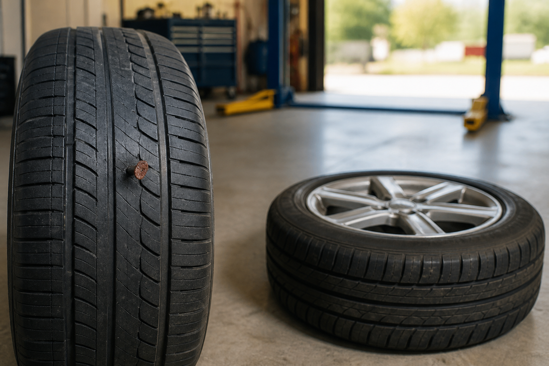 Car tire with a temporary plug in a central tread puncture beside an unmounted tire prepared for professional inspection