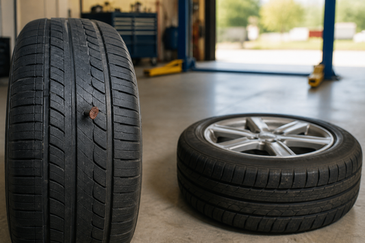 Car tire with a temporary plug in a central tread puncture beside an unmounted tire prepared for professional inspection