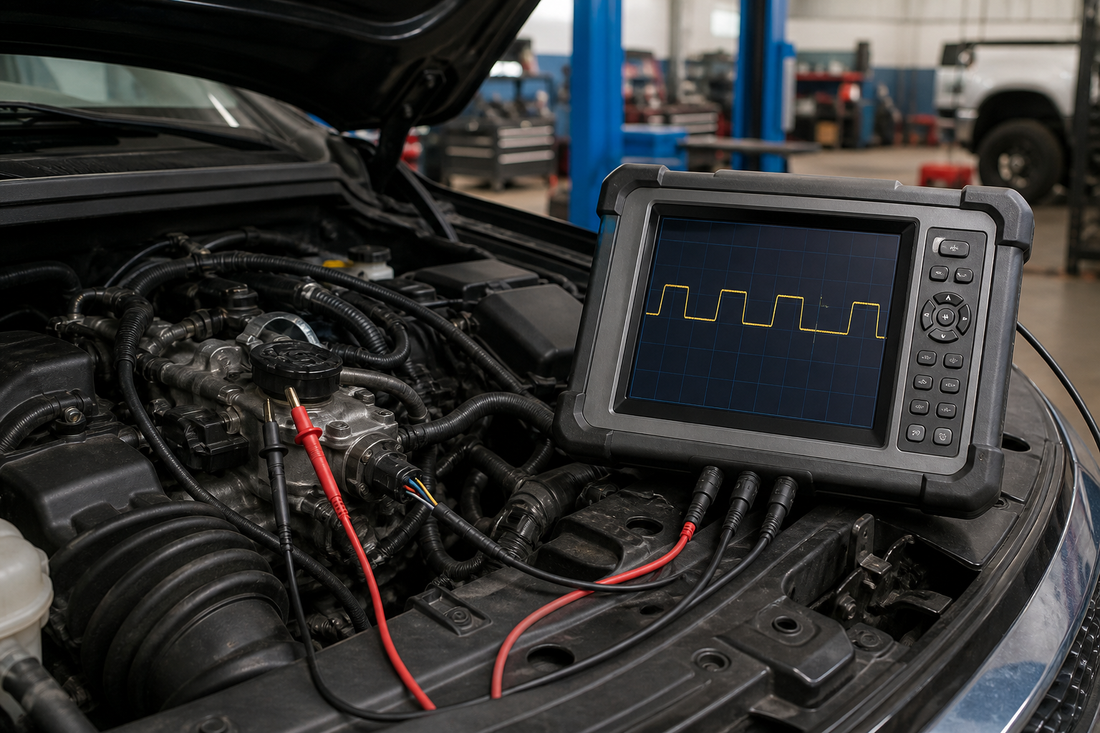 Automotive oscilloscope connected to a vehicle sensor circuit during engine diagnosis
