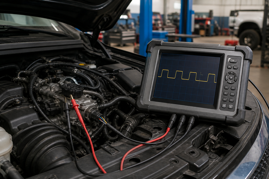 Automotive oscilloscope connected to a vehicle sensor circuit during engine diagnosis