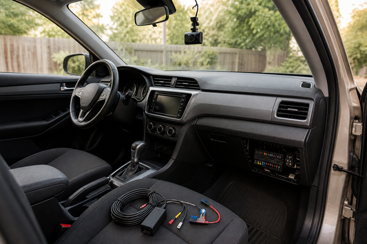 Dash cam hardwire installation in a parked car with the camera mounted on the windshield and the fuse box access panel open