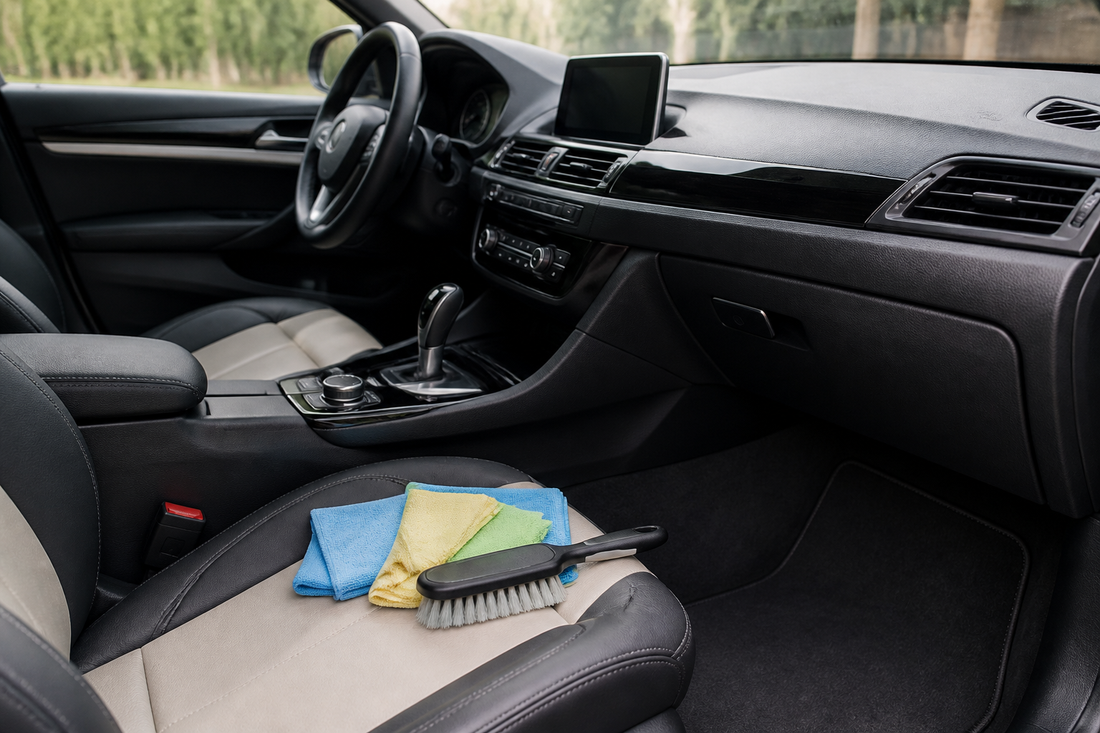 Car interior showing leather seats, textured plastic trim, fabric upholstery, glass windows, and a central touchscreen prepared for surface-specific cleaning