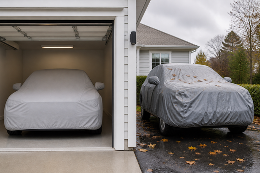 Covered vehicles shown in an enclosed garage and an outdoor driveway to compare indoor and outdoor storage