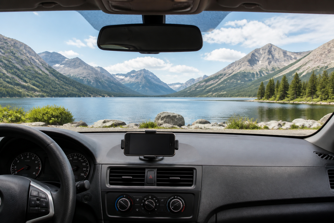 Car phone mount positioned low on the dashboard with an unobstructed view through the windshield