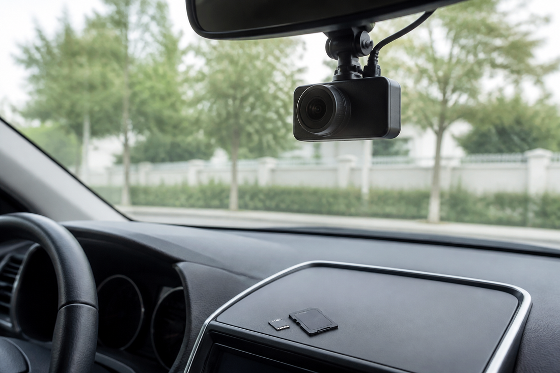 Dash cam and compatible memory card arranged inside a parked vehicle