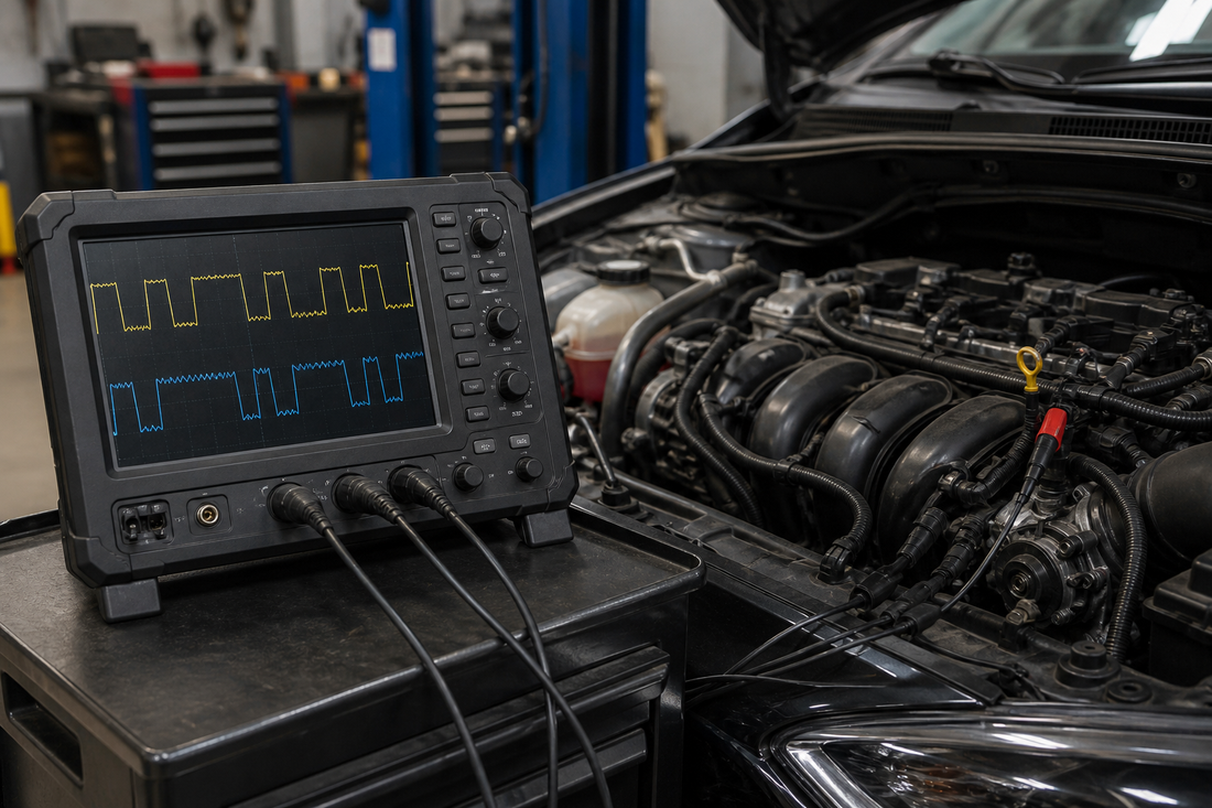 Automotive oscilloscope capturing crankshaft and camshaft sensor signals beside an engine