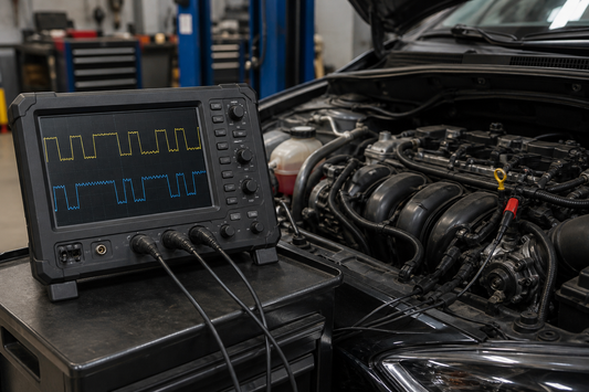 Automotive oscilloscope capturing crankshaft and camshaft sensor signals beside an engine