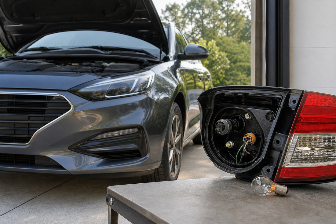 Car with the hood open and a headlight access area exposed for bulb replacement