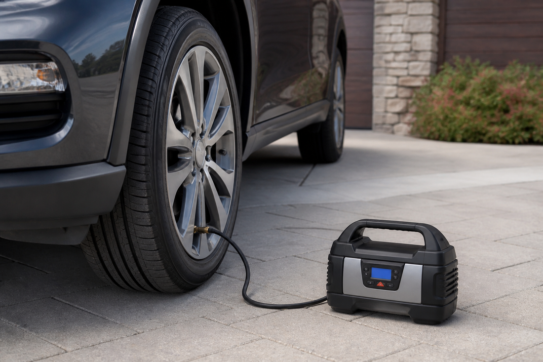 Portable air compressor inflating a car tire beside a safely parked vehicle
