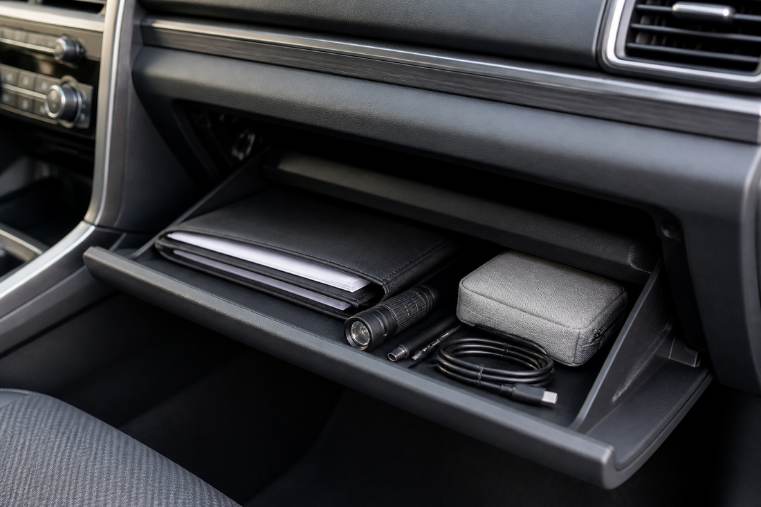 Neatly organized car glove box containing current vehicle documents, a small pouch, a pen, a compact flashlight, and a charging cable