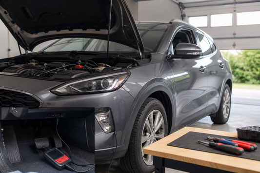 OBD2 scanner connected to a vehicle while the engine bay is inspected for a check engine fault